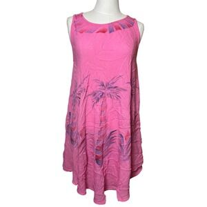 VTG Pink Palm Tree Costal Flowy Beach Vacation Boho Summer Mini Dress OSFM